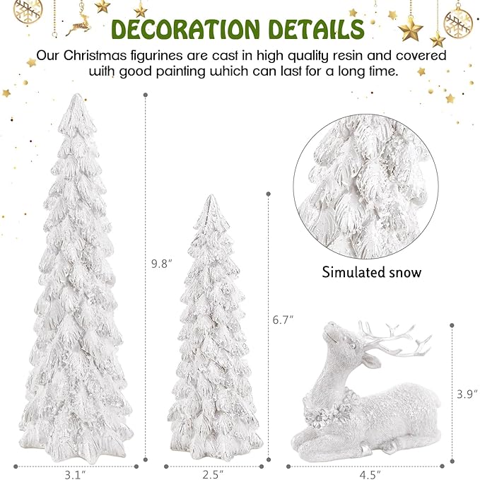 3 Pack Christmas Trees and Reindeer Figurines Decoration- 2 Glittered Christmas Tree Statues and 1 Deer Vintage Christmas Decor Set, Resin Ornaments Tabletop Shelf Office Display Stand Indoor(Silver)
