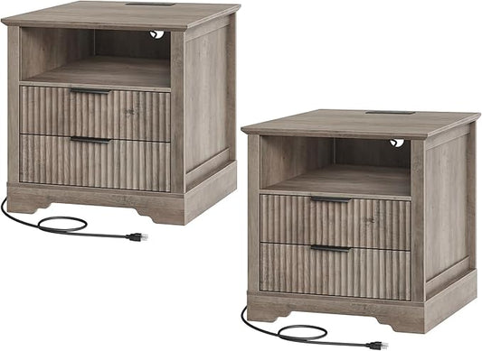 Fluted Nightstand Set of 2, 24'' Sofa Side Table with 2 Drawers, Farmhouse Bedside Table with Storage, Large End Table for Bedroom, Living Room, Greige