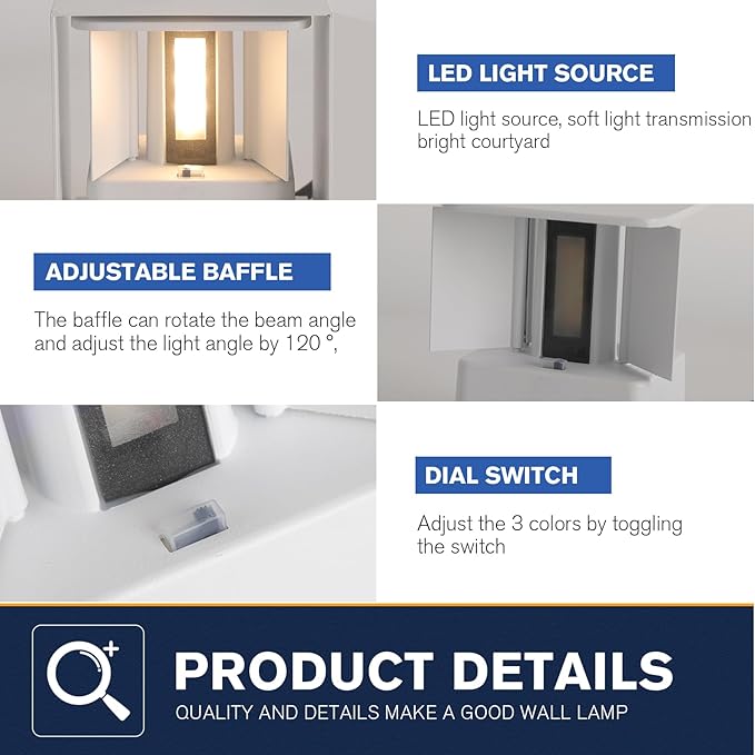 Matte White Square Wall Sconces Lights,3000K-6500K 3CCT,Adjustable Beam,1300LM High Brightness,15W Outdoor Sconce,Waterproof,Rust-Resistant,4.33 Inch,Outdoor Wall Lights & Indoor Wall Sconce(1 Pack)