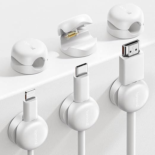 Lamicall Cord Organizer, Spring Cable Management Clips - 6Pack Compact Desk Cable Holder Clips, Nightstand Phone Charging Cord Holder, Halloween Adhesive Wire Organizer, Office Accessory, White