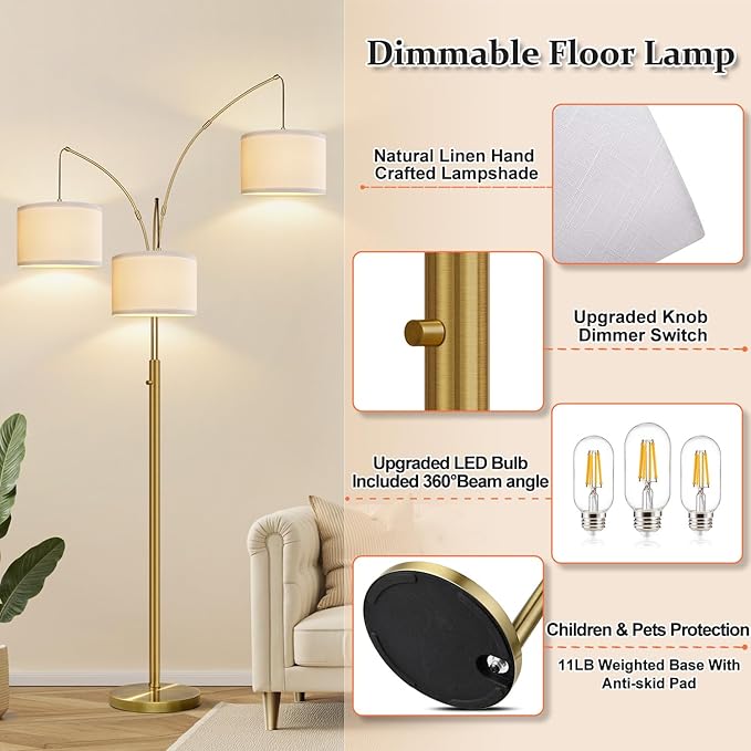 Nintiue Dimmable Floor Lamp - 3 Lights Brass Arc Floor Lamps for Living Room, 1000LM Modern Tall Standing Lamp with Linen Shades, Mid Century Tree Floor Lamp for Bedroom Office, 3 LED Bulbs Included