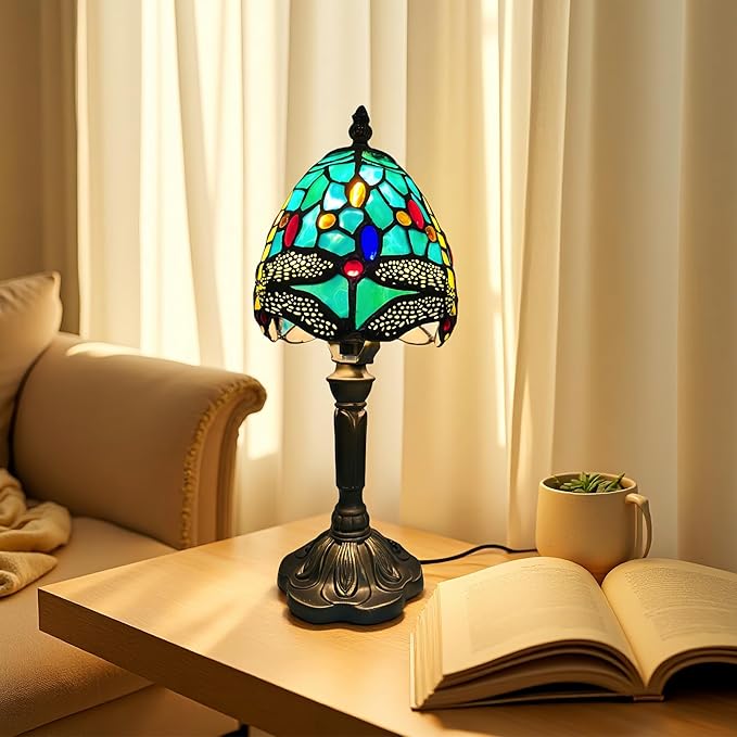 Tiffany Table Lamp,Dragonfly Stained Glass Lamp,Bedside Night Light with Included LED Bulb, Warm White Light for Bedroom/Office Decor,Small Tiffany Style Lamp
