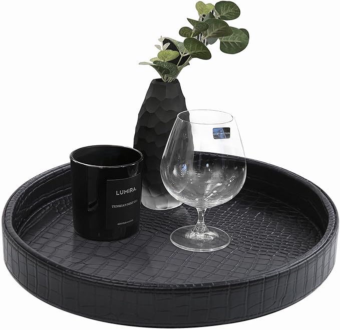 HofferRuffer Faux Leather Round Serving Tray, Vegan Croco Leather Decorative Tray, Food Tray for Storage Drinks, Snack & Cosmetics, Dia.12'' x 1.6'' (Black)