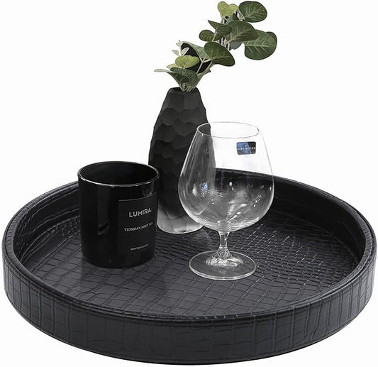 HofferRuffer Faux Leather Round Serving Tray, Vegan Croco Leather Decorative Tray, Food Tray for Storage Drinks, Snack & Cosmetics, Dia.12'' x 1.6'' (Black)