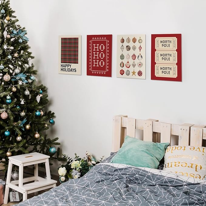Wheatwin Christmas Wall Art Prints Set of 4, Trendy North Pole Wall Posters Aesthetic, Happy Holidays Winter Xmas Decor for Farmhouse Living Room Bedroom, 8x10 (Unframed)