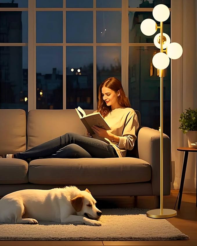 Lightdot Dimmable Globe Floor Lamp Mid Century Modern Floor Lamp with 5Pcs 3000K G9 Bulbs Stepless Brightness Adjustable Gold Standing Lamps with Stable Base for Living Room Bedroom Office