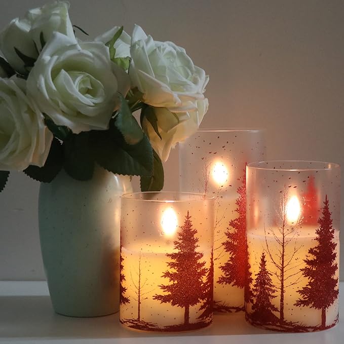 DRomance Christmas Tree Glass Flameless Candles with Remote Timer Battery Operated Real Wax 3D Wick LED Flickering Pillar Candles Christmas Holiday Decor(Red, 3 x 4,5,6 Inch)