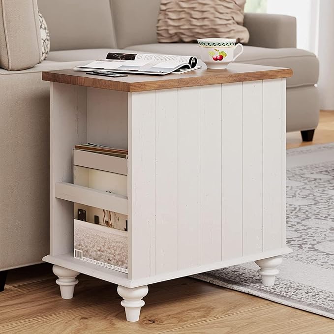 WAMPAT White End Table with Charging Station, Wood Side Table with 1 Drawer &1 Storage Cabinet, Mid Century Modern Nightstand with Power Outlets & USB Ports for Living Room, Bedroom