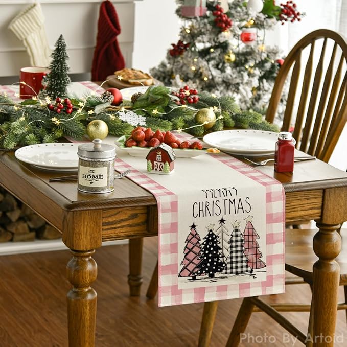Artoid Mode Watercolor Pink Buffalo Plaid Christmas Trees Merry Xmas Table Runner, Seasonal Winter Holiday Kitchen Dining Table Decoration for Indoor Outdoor Home Party Decor 13 x 90 Inch