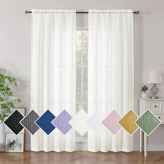 Simplebrand Ivory Semi Sheer Curtains 84 Inches Long 2 Panels, Soft Airy Light Filtering Jacquard Clip Textured Semi Sheer Curtains for Living Room, Modern Elegant Rod Pocket Window Panels, 42"Wx84"L