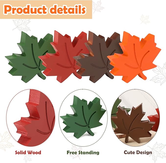 Amorita 4pcs Fall Leaves Decorations Farmhouse Thanksgiving Table Decor Centerpiece Wooden Maple Leaf Signs Block for Autumn Harvest Tiered Tray Party Shelf Display