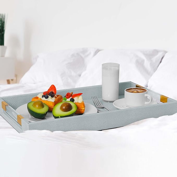 Ottoman Tray Shagreen Decorative Tray Serving Tray with Acrylic Gold Handles, 2 Pack Large Ice Blue Coffee Table Tray for All Occations Home Decor