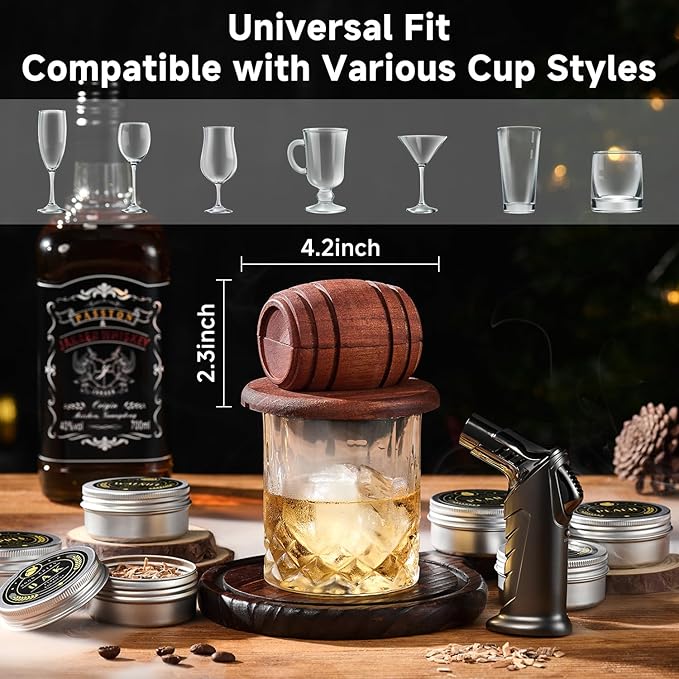 Whiskey Smoker Kit with Torch - 6 Flavors Wood Chips, 2 Glasses, 2 Ice Ball Molds - Cocktail Smoker Infuser Kit, Old Fashioned Drink Smoker Kit, Birthday Bourbon Whiskey Gifts for Men,Dad(NO Butane)