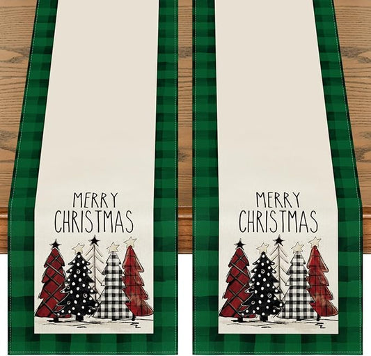 Artoid Mode Green Buffalo Plaid Xmas Trees 2PCS Merry Christmas Table Runner, Seasonal Winter Holiday Table Decoration for Home Party Decor 13 x 72 Inch