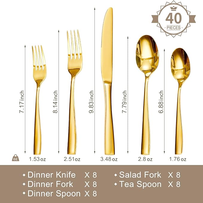 HIKAA Forged Silverware Set Stainless Steel Flatware Set,Service for 4,Matte Satin Polished Cutlery Set,Dishwasher Safe (Gold, 40PCS)