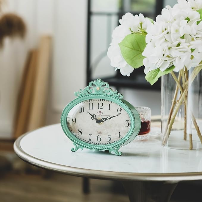 NIKKY HOME Vintage Table Clock, French Turquoise Color Rococo Style Desk Clock Battery Operated Rustic Design, Home Décor for Living Room, Bedroom, Bedside, Desk, Gift Clock - Distressed Green