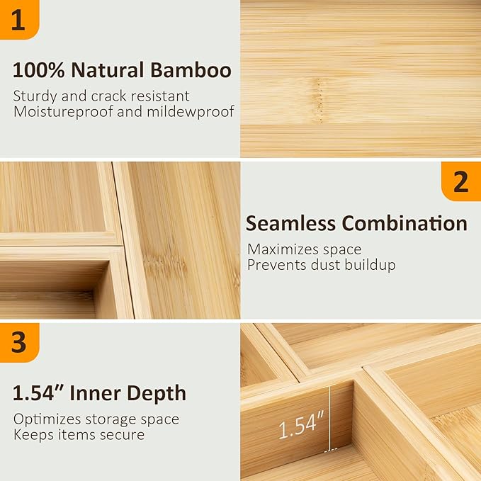Bamboo Drawer Organizer Set, 5-PCS Adjustable Kitchen & Office Drawer Organizers, Multipurpose Storage Trays for Utensils, Makeup, Jewelry, Bathroom & Desk Accessories