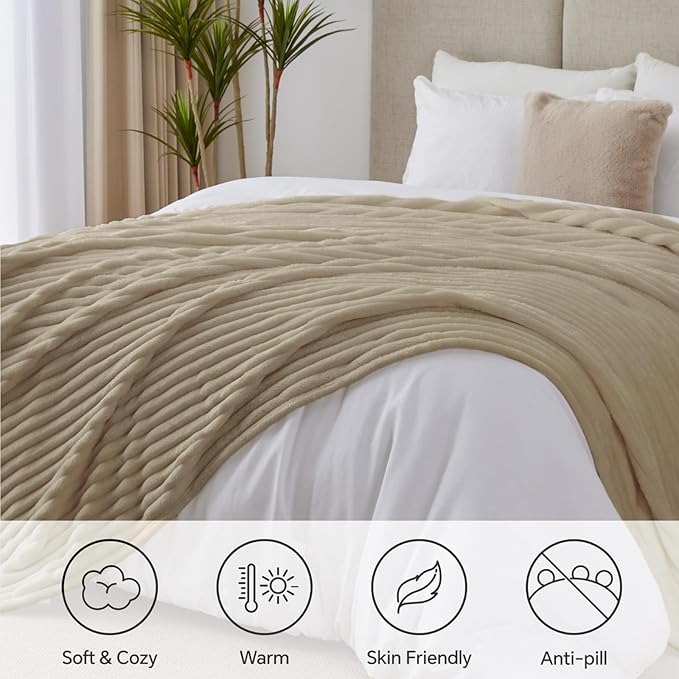 BEDELITE Blankets Queen Size for Bed, 300GSM Soft & Warm Fleece Blanket, Decorative and Giftable Striped Linen Blankets for Women, Men, 90"x90"