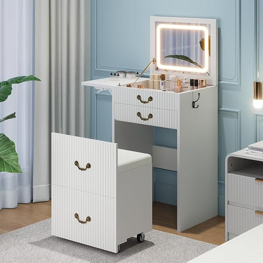 FURSUN 3-in-1 Vanity with Flip Mirror & Lights, Fluted Compact Vanity Table with 3 Drawers, Storage Compartment and Rolling Stool, Modern Small Makeup Vanity for Bedroom, Powder Room, Solid White
