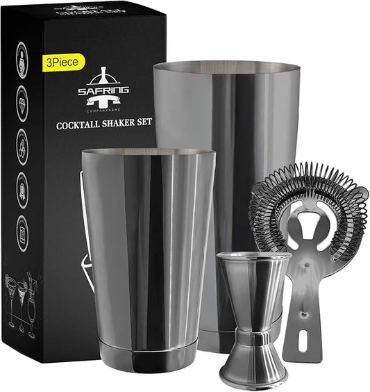 Boston Cocktail Shaker Bar Set, Weighted Boston Shaker Tins, Bartender Kit with 18oz & 28oz Mixed Drink Shaker, Hawthorne Strainer, Double Measuring Jigger - Black