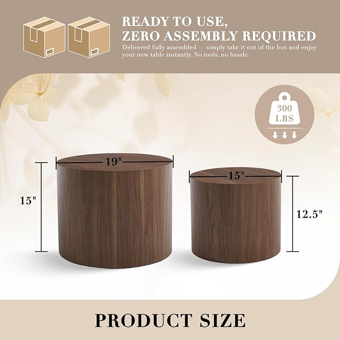 CIMOTA Round Wood Nesting Coffee Table Set of 2, Modern Circle Travertine End Side Table Sets for Living Room, Walnut Wooden Color/No Assembling