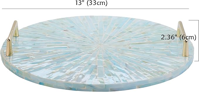 PEMAR Mother of Pearl Decorative Tray, 13" Round Display and Serving Tray with Gold Handles, Vanity/Perfume/Trinket Catchall for Dresser, Bathroom, Vanity Table (Teal Sunlight Starburst Pattern)