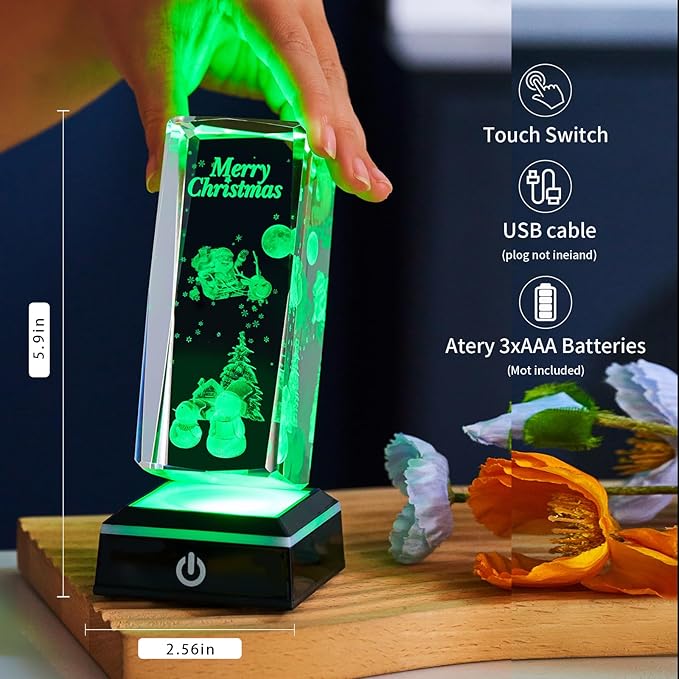 3D Crystal Night Light, K9 Crystal LED Lamp with Light Base, Merry Christmas Gifts for Kids, Women, Teens, Boys, Girls, Anniversary, Birthday, Holiday Room Decor