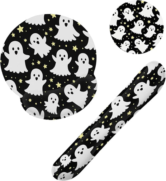 Halloween Ghosts Keyboard Wrist Rest Pad Mouse Pad Set,Ergonomic Mousepad Wrist Support Memory Foam Desk Pad for Gaming Office,Non-Slip Rubber Base Easy Typing for Home Office Computers