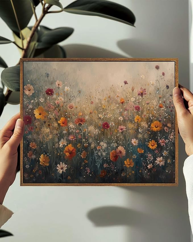 KISSFOX Vintage Framed Wall Art Farmhouse Dreamy Wildflower Field Canvas Art Colorful Daisy Floral Paintings Artwork Natural Rustic Art Prints For Bedroom Bathroom Living Room