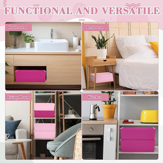 Menkxi 4 Pcs Storage Bins with Lids Plastic Containers Stackable Storage Box Baskets for Organizing Shelves(Dark Pink, Light Pink,Large)