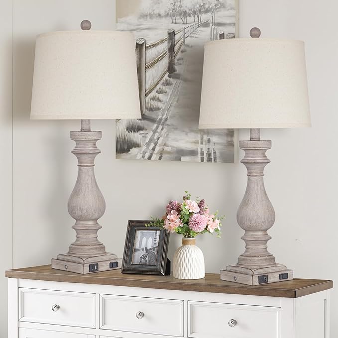 29" Tall Table Lamp for Living Room Set of 2,Vintage Bedside Nightstand Lamps with USB C+A Ports & AC Outlet,3-Way Dimmable Touch Control Desk Lamp for Bedroom,Color 2