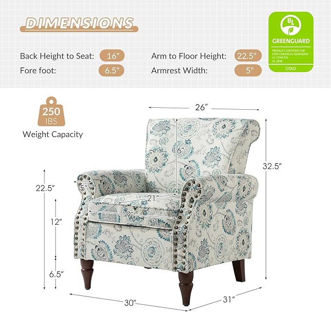HULALA HOME Modern Wingback Accent Chair with Wood Legs & Removable Cushion, Comfy Upholstered Armchair with Nailhead Trim, Floral Pattern Single Sofa Chair for Living Room Bedroom, Medallion
