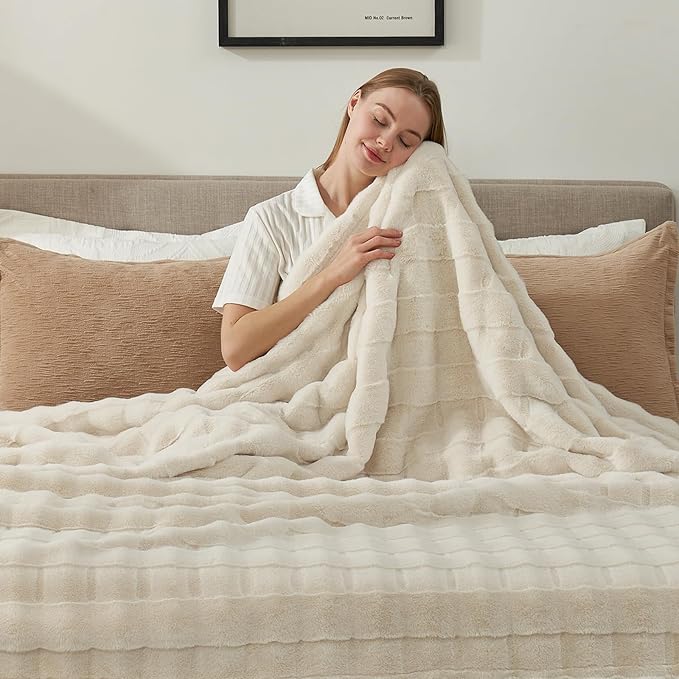 Cozy Bliss Fluffy Faux Fur Blanket King Size for Bed, Fuzzy Soft Striped Plush Blanket, Thick Throw for Bedroom Couch Gift, 108x90 Inches Cream White