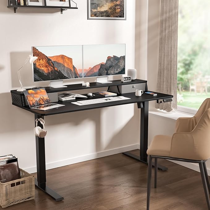 55 x 24 Inch Standing Desk with 2 Drawers, Easily Assembled Height Adjustable Desk, Ergonomic Sit to Stand Electric Desk for Home Office Workstation, Classic Black