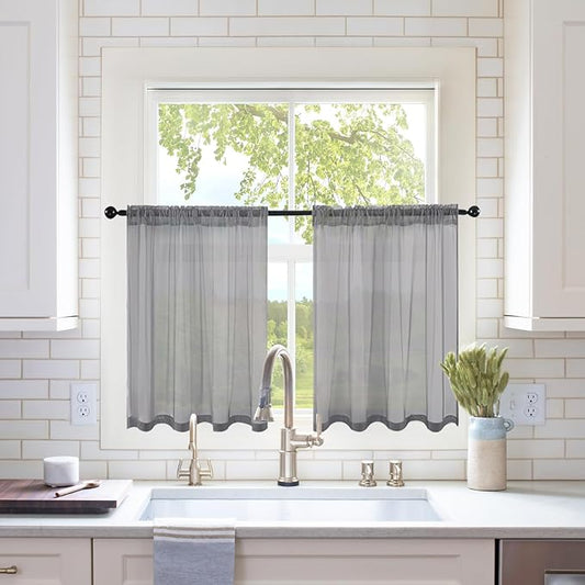 MIULEE 2 Panels Kitchen Tiers Half Window Sheer Curtains Rod Pocket Voile Drapes for Kitchen Bathroom Small Windows 29 by 24 Inch Charcoal Grey