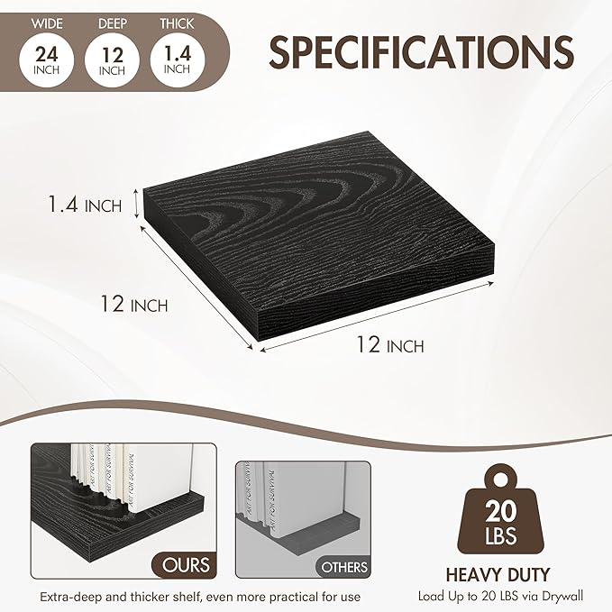 12 Inch Floating Shelves, 12" Deep Floating Shelf Wall Mounted, 12" Wall Shelves, Rustic Deep Bookshelf, Extra Deeper Display Shelves & Storage Shelves for Bedroom, Living Room, Set of 3