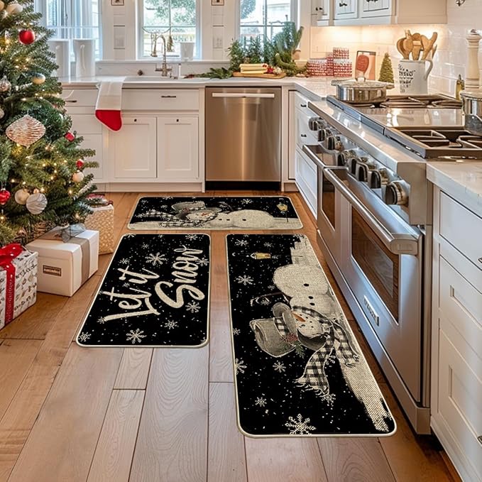 Artoid Mode Let It Snow Snowflake Snowman Light Christmas Decorative Kitchen Mats Set of 2, Home Party Low-Profile Kitchen Rugs - 17"x29"+17"x36"+17"x47"
