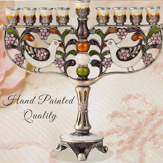 Matashi Hand Painted Enamel Menorah Candelabra with a Doves and Flower Design and Embellished with Gold Accents Crystals, for Hanukkah