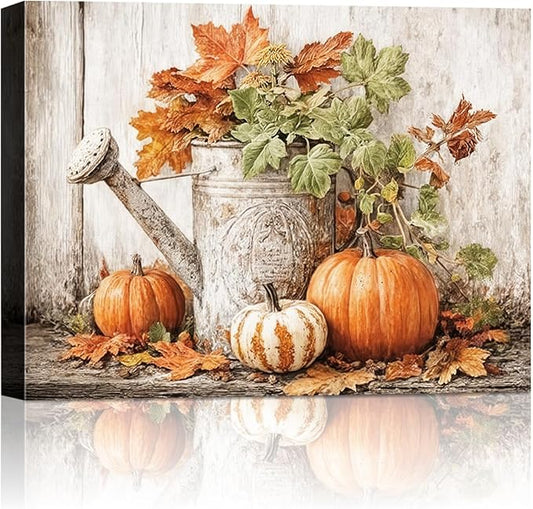 Autumn Pumpkin and Watering Can Canvas Wall Art, Rustic Fall Leaves Print Farmhouse Picture for Thanksgiving Decorations, Fall Wall Art Decor Ready to Hang