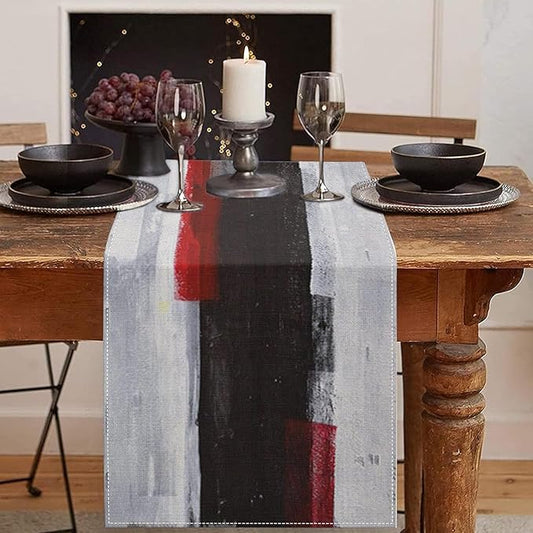 Emvency Black and White Table Runner, Modern Grey Red Art Painting for Kitchen Coffee Table Family Dinners Holiday Parties Wedding Events Decor(13x108 inch)