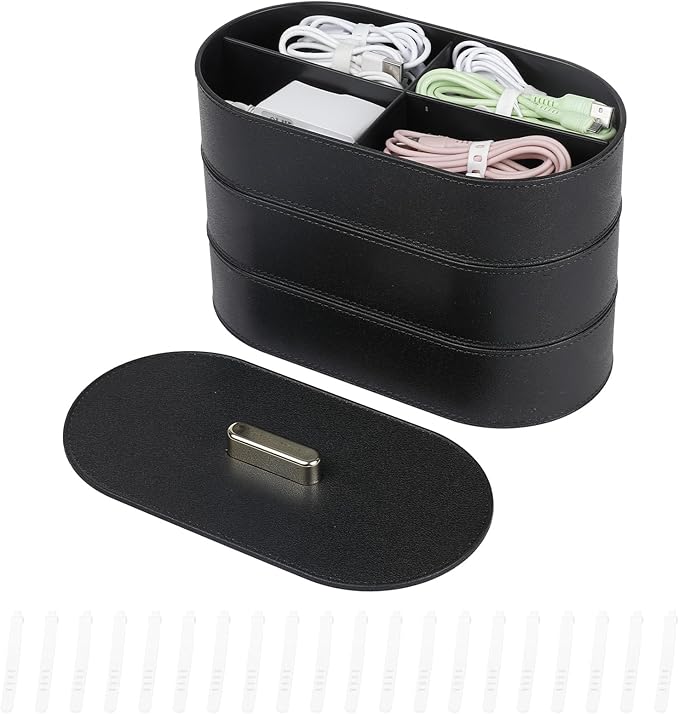 Yesesion Large Cord Storage Organizer with Lid, Plastic Cable Box with 20pcs Wire Ties for Desk Drawer, Home Office Supplies, Electronics, Clips, Clamps, Pens, Phone Chargers, Art Craft (Black)