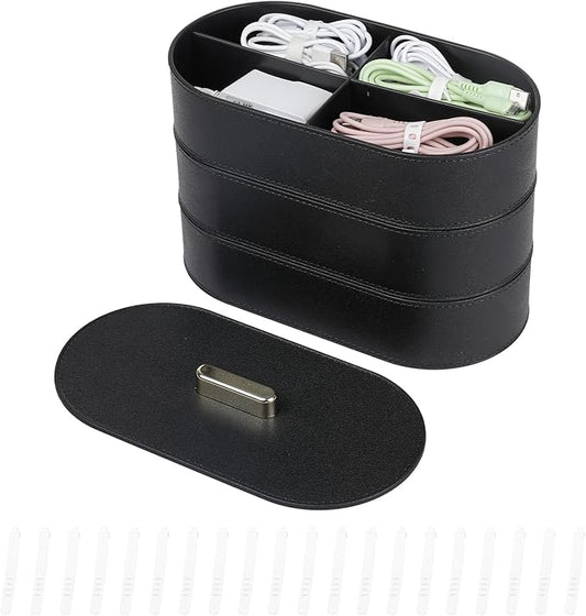 Yesesion Large Cord Storage Organizer with Lid, Plastic Cable Box with 20pcs Wire Ties for Desk Drawer, Home Office Supplies, Electronics, Clips, Clamps, Pens, Phone Chargers, Art Craft (Black)