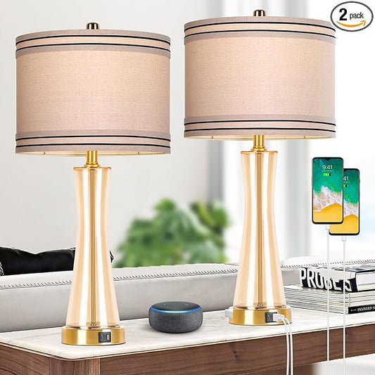 27.4''Table Lamps for Living Room Set of 2，3-Way Dimmable Modern Glass Bedside Lamps with USB Ports，Tall Lamps for Night Stands，Touch End Table Lamps for Bedroom Desk Lamps for Home Office（Glod）