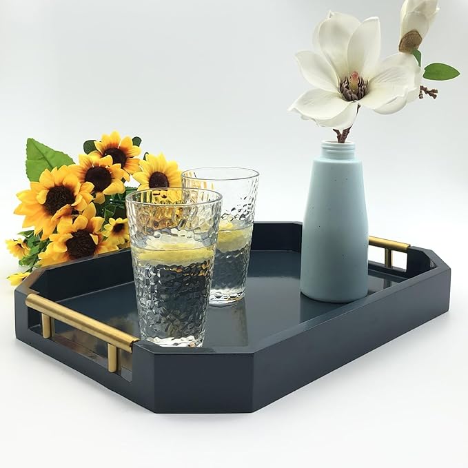 Serving Tray with Polished Metal Handles, Hexagon Coffee Table Tray, Modern Rectangle Decorative Tray, Large Ottoman Tray, Perfect for Storage and Display (Blue Rectangle)