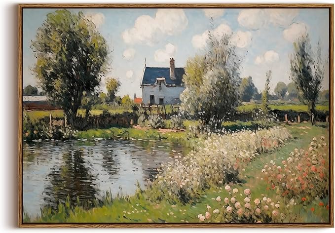 KISSFOX Vintage Landscape Framed Wall Art Impressionist Countryside River House Canvas Art Natural Cottagecore Paintings Artwork Rustic Art Prints For Bedroom Bathroom Living Room