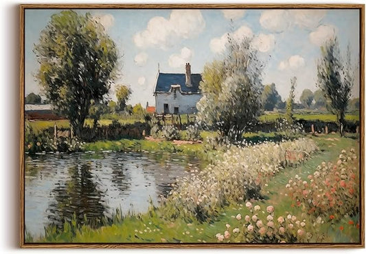 KISSFOX Vintage Landscape Framed Wall Art Impressionist Countryside River House Canvas Art Natural Cottagecore Paintings Artwork Rustic Art Prints For Bedroom Bathroom Living Room