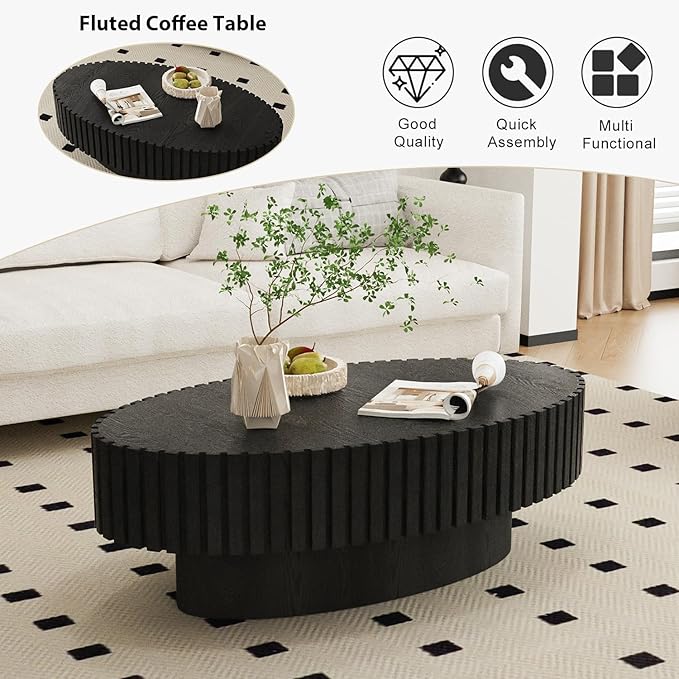 Oval Fluted Coffee Table Mid Century Modern Coffee Tables with Handcrafted Relief Ellipse Drum End Table Rustic Industrial Center Tables for Apartment Living Room (Black Oval)