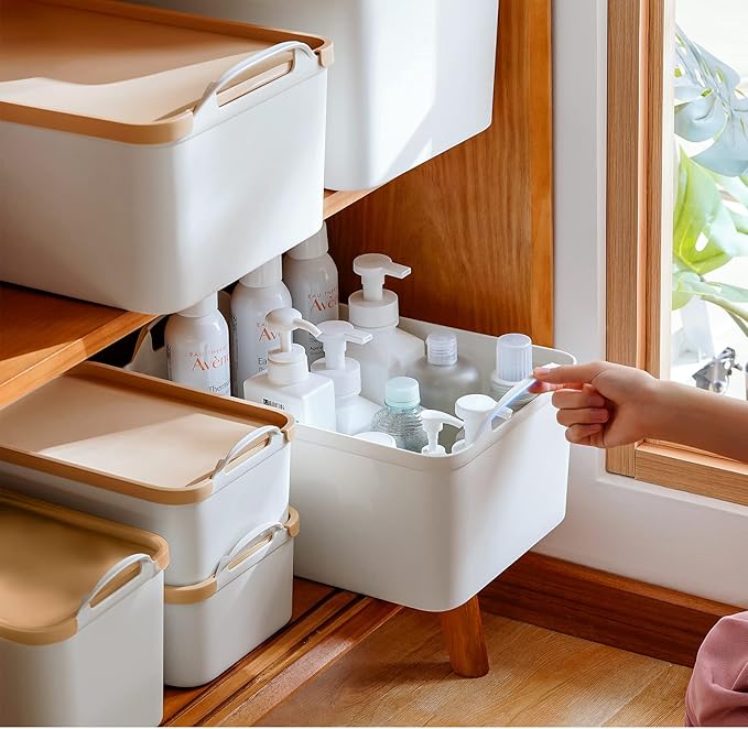 ANMINY 8PCS Plastic Storage Bins Containers with Lids, Large White Storage Organization Bins Boxes, Lidded Plastic Storage Baskets for Closet Shelves Drawers Desktop Home Office, Wheat Lids