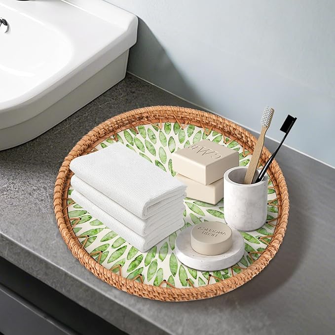 Round Rattan Serving Tray with Mother of Pearl Inlay & Coaster, Boho Wicker Basket, Decorative Coffee Table Tray for Table Decor, Storage and Display of Coffee Bread Fruit (Leaf)