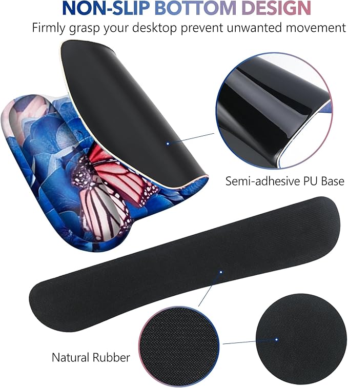 AIMSA Wrist Rest Support Mouse Pad Ergonomic, Memory Foam Keyboard Wrist Rest Set Non-Slip Easy Typing and Relieve Wrist Pain Mouse Mat for Computer Office -Butterfly Flower